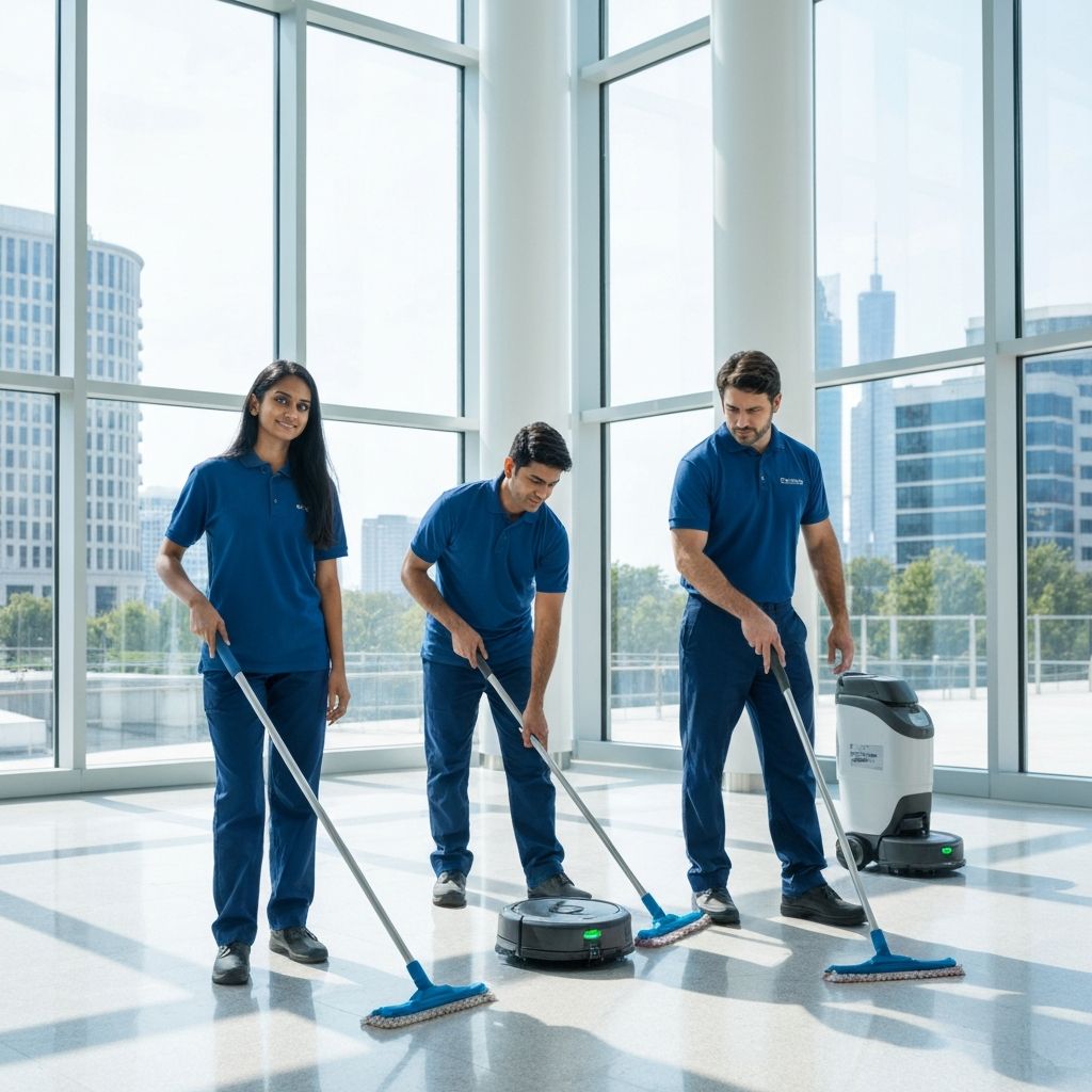 Professional commercial cleaning team at work in a modern office building